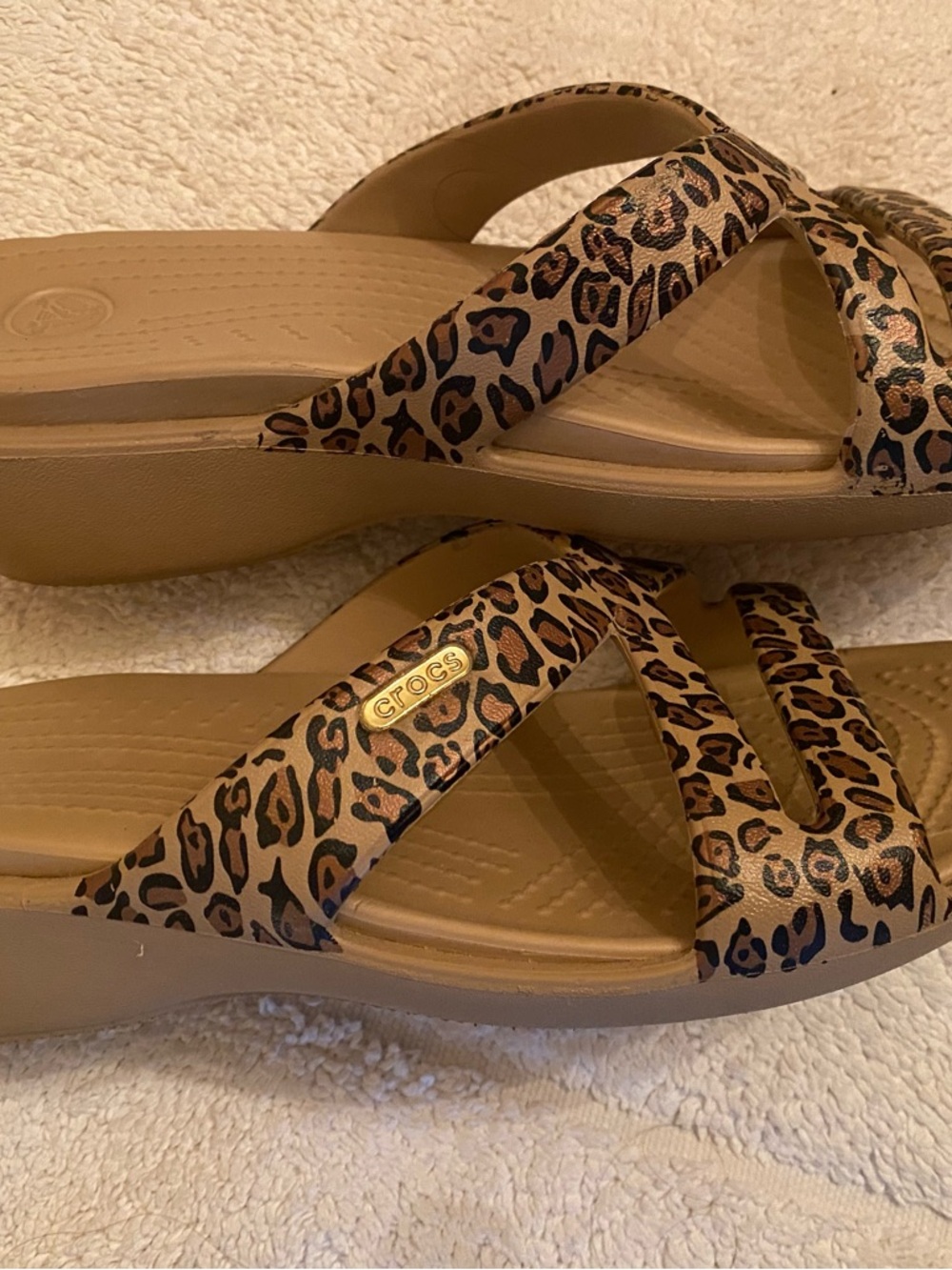 CROCS Women's Leopard Print Tan Wedge Sandals
